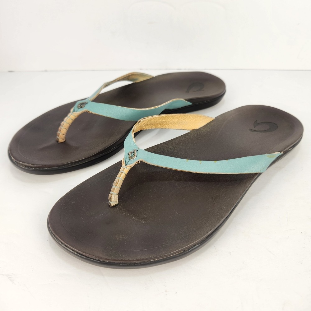 Olukai Ho'Opio Women's Casual Freshy Leather Thong Sandals Aqua Size W7